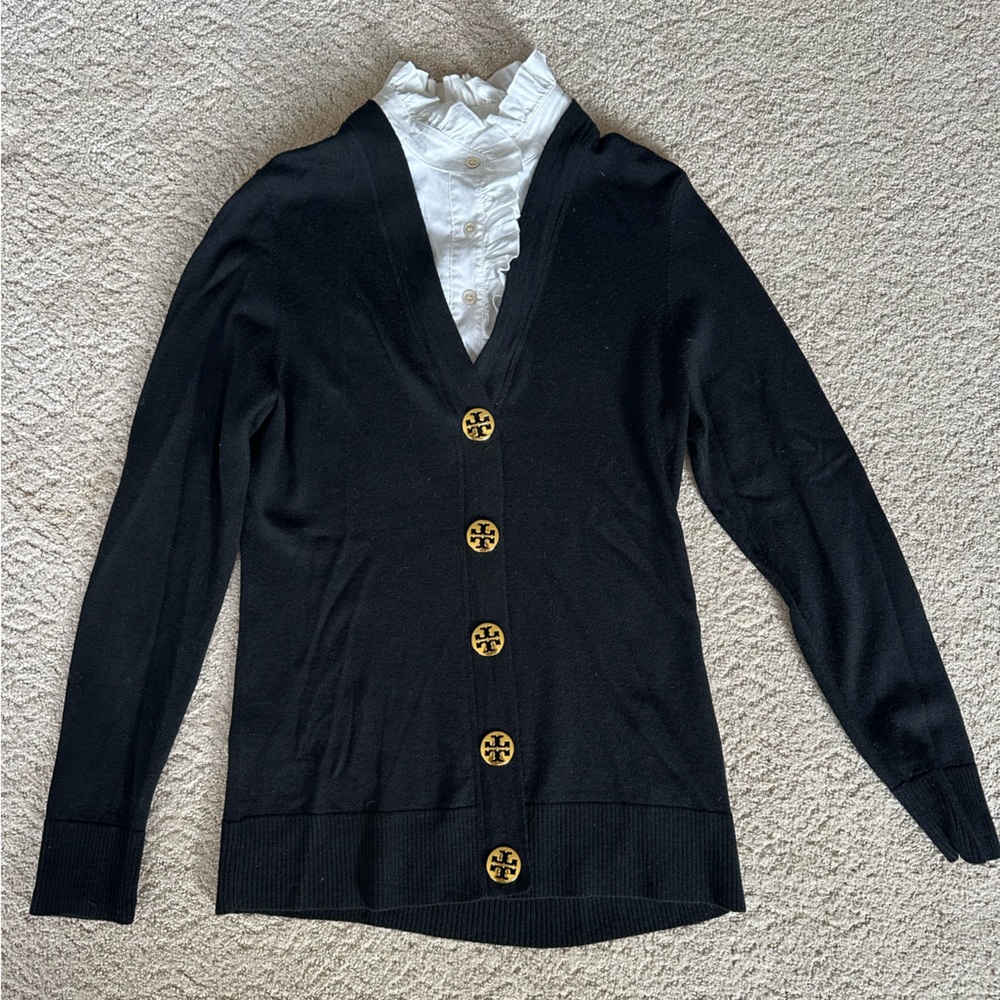 Tory Burch Black White Ruffle Collar Sweater Cardigan Gold Buttons Size L